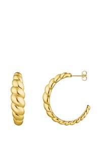 Goldene Creolen mit einem gedrehten Design, glatten, abgerundeten Segmenten und einem Stecker-Verschluss. Zwei Größen erhältlich: klein und groß.