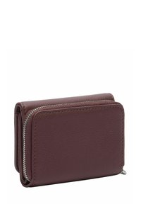 Bordeauxrotes Lederportemonnaie mit strukturierter Oberfläche, ausgestattet mit einem Reißverschlussfach und silberfarbenen Beschlägen, rechteckige Form, kompaktes Design.