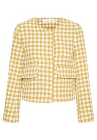 Gul och vit houndstooth-jacka, kort design, strukturerad tyg, långa ärmar, har fickor och rund halsringning.