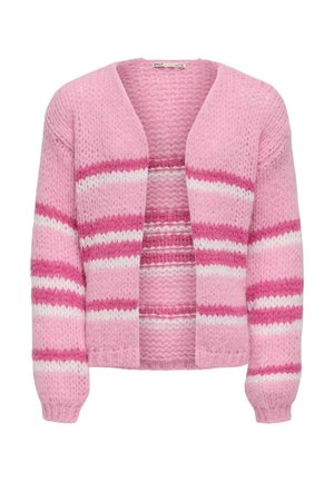 Pink strikket åben-front cardigan med horisontale hvide og mørkere pink striber på ærmer og krop, med lange ærmer og ribstrikkede manchetter.