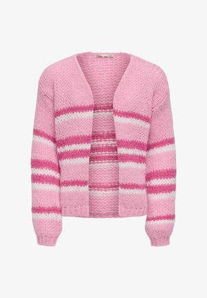 Cardigan rose tricoté ouvert devant avec des rayures horizontales blanches et rose foncé sur les manches et le corps, manches longues et poignets côtelés.