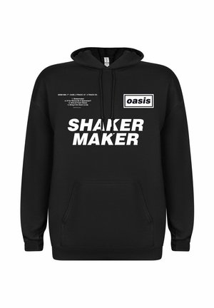 Sort hoodie lavet af en bomuldsblanding, med en kængurulomme, snøre-hætte og fed hvid tekst "SHAKER MAKER" med logodetalje.
