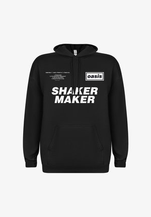 Sort hoodie lavet af en bomuldsblanding, med en kængurulomme, snøre-hætte og fed hvid tekst "SHAKER MAKER" med logodetalje.