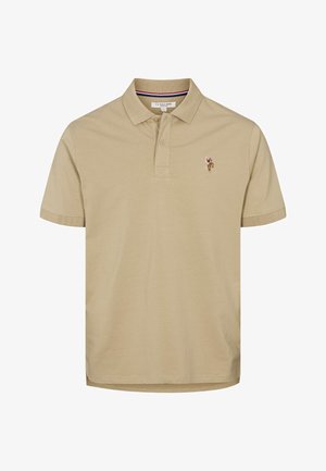 Beige polo-shirt lavet af bomuld med en tre-knaps lukning, korte ærmer og en lille logo-brodering på brystet.