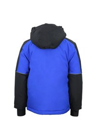 Veste isolante bleu et noire avec capuche, dotée d'une texture lisse, de manches longues et d'accents réfléchissants le long des coutures.