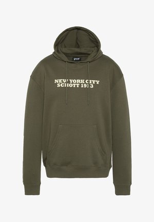 Felpa verde oliva con cappuccio, coulisse e tasca frontale a marsupio. Presenta un testo bianco a contrasto: "NEW YORK CITY SCHOTT 1913." Tessuto morbido.