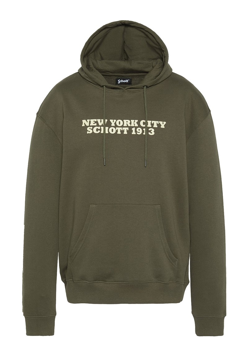 Hoodie vert olive avec cordon de serrage et poche plaquée à l'avant. Présente un texte blanc contrastant : "NEW YORK CITY SCHOTT 1913." Texture de tissu douce.