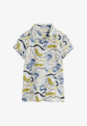 Īsām piedurknēm pogājamā krekls ar daudzkrāsainu abstraktu rakstu, kurā ir zili, zaļi un dzelteni viļņi uz baltas fona.