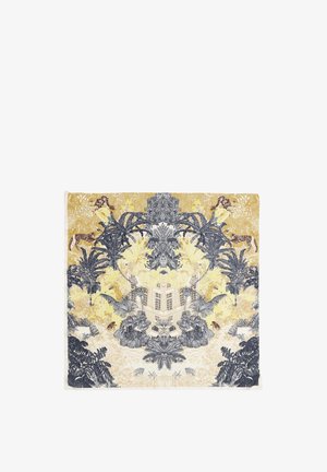 Sierlijk vierkant textiel met symmetrische junglebladmotieven, palm bomen en luipaarden rondom een centraal klassiek gebouwmotief in zachte gele en grijze tinten.