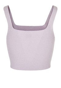 Ljubičasti rebrasti crop top sa četvrtastim izrezom i širokim naramenicama. Ima teksturirani pleteni uzorak i prilagođen kroj.