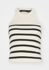 Top halter acanalado en crema con rayas horizontales negras. Presenta un escote alto y un diseño ajustado. Etiqueta de la marca visible en el interior.