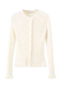 Cardigan lavorato a maglia di colore crema con texture a coste, scollo rotondo, chiusura con bottoni e dettagli a volant su polsini e orlo. Maniche lunghe sottili.