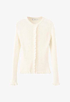 Cardigan en tricot de couleur crème avec une texture côtelée, col rond, fermeture par boutons et accents en volants sur les manches et l'ourlet. Manches longues fines.