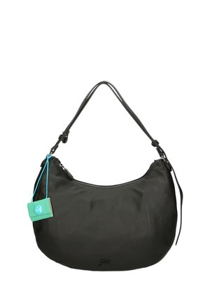Zwarte leren schoudertas met een gebogen vorm, ritssluiting en verstelbare schouderband. Heeft een turquoise label en een reliëflogo-detail.