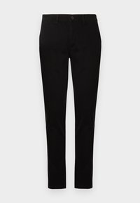 Černé kalhoty z jemné bavlněné látky, s úzkým střihem, předním zapínáním na knoflíky a standardními kapsami. Bez viditelných vzorů.