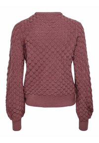 Himbeerfarbenes Sweatshirt mit einem strukturierten, schuppenartigen Muster. Verfügt über einen Rundhalsausschnitt und gerippte Bündchen an den Ärmeln und dem Saum.