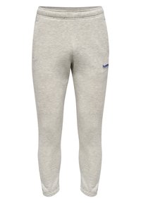 Helle graue Sweatpants aus strukturiertem Stoff mit einem tapered Design, elastischem Bund und einem kleinen blauen Logo an der Seite.