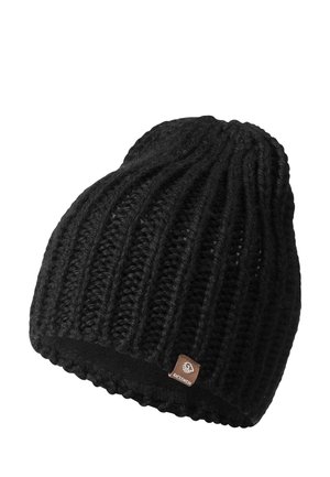 Black knitted winter hat with ribbed pattern and small brown Giesswein brand tag on the edge.