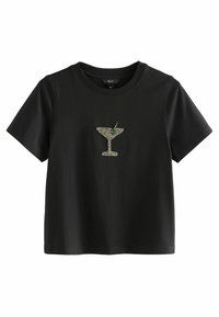 Sort kortærmet t-shirt lavet af bomuld med et perlebesat cocktailglass design på forsiden, der har en grøn detalje.