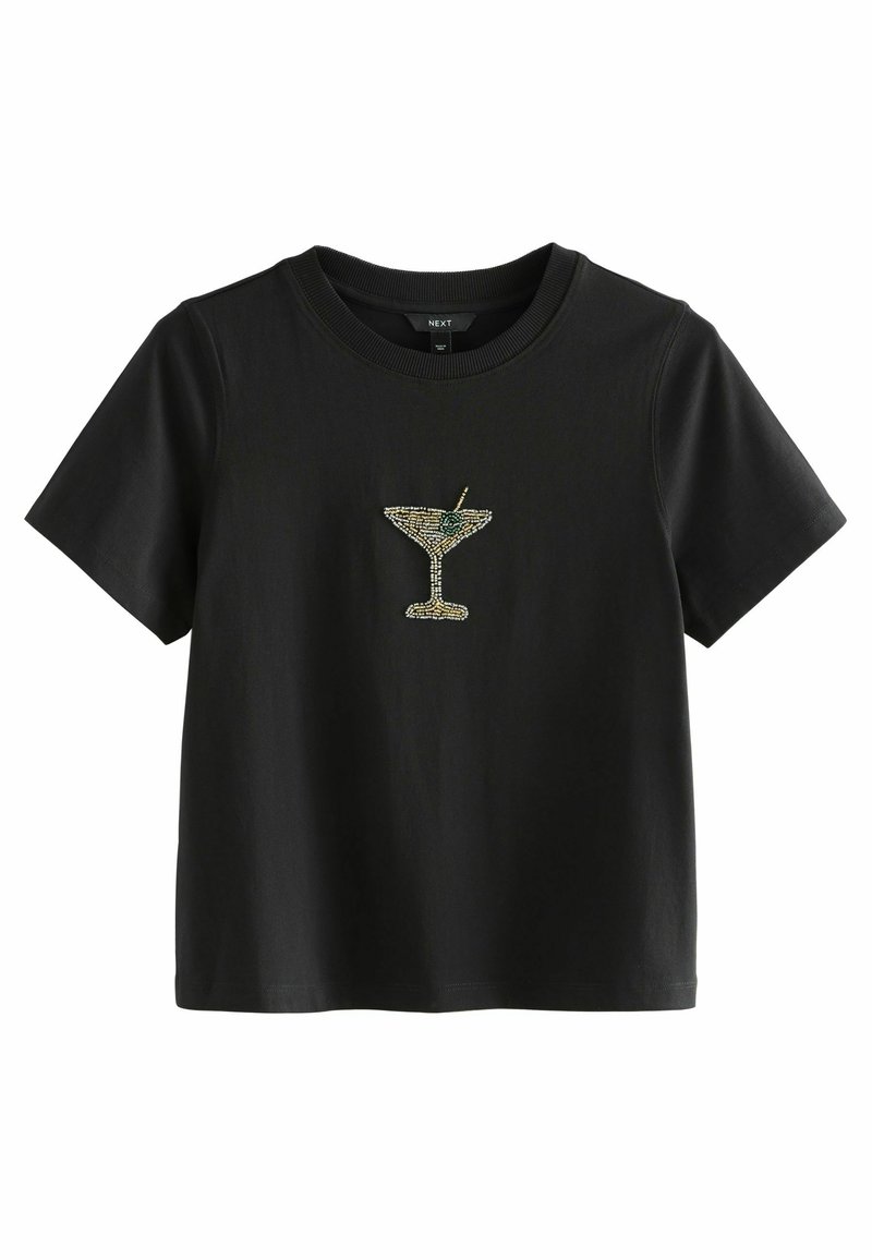 Sort kortærmet t-shirt lavet af bomuld med et perlebesat cocktailglass design på forsiden, der har en grøn detalje.