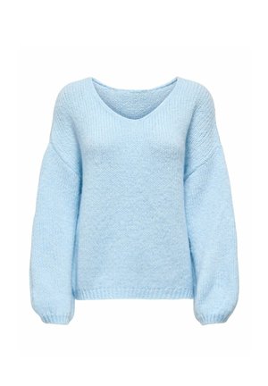 Svetlo modra pletena jopica z V-izrezom, ohlapnimi rokavi in ribanim robom. Mehak material z udobnim krojem in brez vidnih vzorcev ali dodatkov.