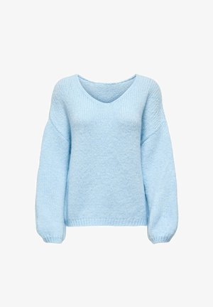 Suéter de punto azul claro con escote en V, mangas sueltas y puños acanalados. Textura suave con un ajuste relajado y sin patrones o acentos visibles.