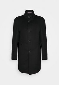 Cappotto nero con colletto alto, maniche lunghe, cinque bottoni frontali e tasche laterali. Realizzato in un tessuto liscio con una vestibilità strutturata.