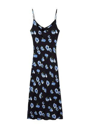 Black slip dress featuring blue floral patterns, thin spaghetti straps, a cowl neckline, and a relaxed fit that falls above the knees.