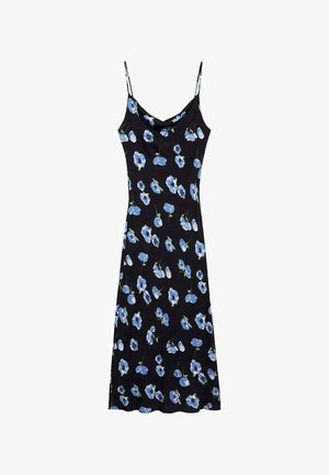 Black slip dress featuring blue floral patterns, thin spaghetti straps, a cowl neckline, and a relaxed fit that falls above the knees.