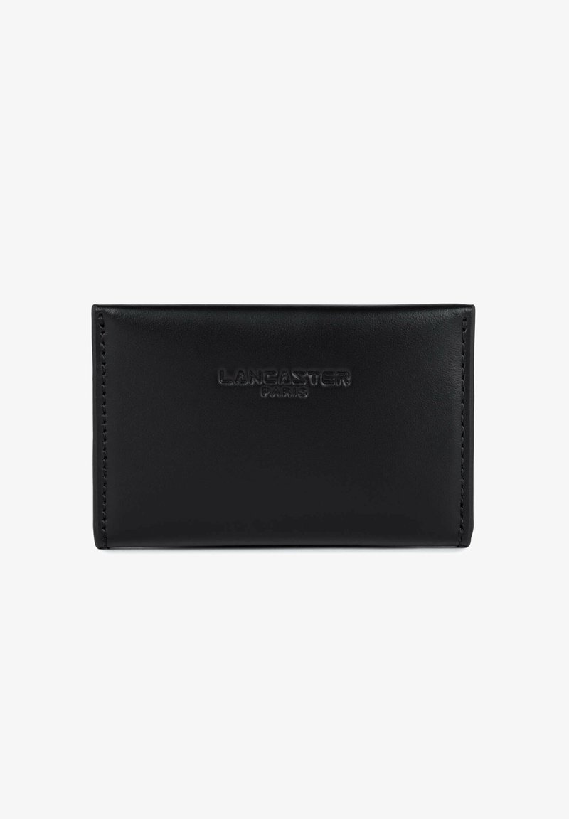 Porte-cartes en cuir noir rectangulaire avec le logo "LANCASTER PARIS" embossé, centré sur le devant.