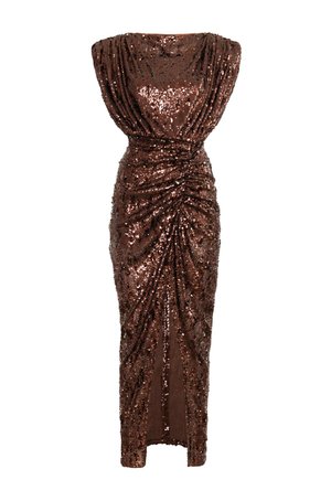 Bezramionowa, brązowa wieczorowa sukienka z cekinami, z marszczeniami i rozcięciem z przodu, zaprojektowana w dopasowanej sylwetce.