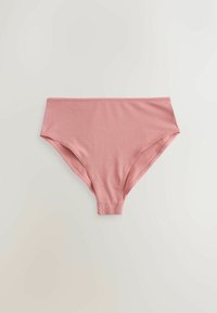 Blush pink bomulds hipster trusser med en glat tekstur, høj talje og elastisk waistband. Ingen synlige mønstre eller hardware.