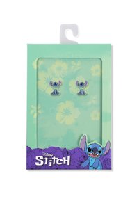Orecchini Disney Stitch in confezione verde menta, con due figure di Stitch blu con accenti viola, su uno sfondo floreale.