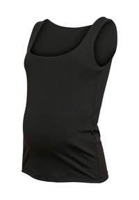 Débardeur de maternité noir sans manches avec un col en U, conçu pour s'adapter au ventre d'une femme enceinte.