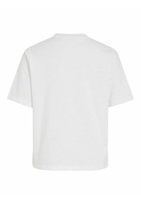 Tricou alb din bumbac, cu croială lejeră, mâneci scurte, guler rotund ribbit și o textură fină. Prezintă un spate simplu, fără grafică.