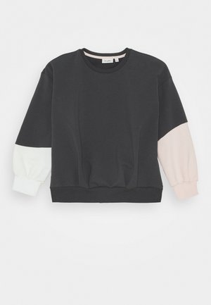 Dark gray sweatshirt with three-color block design. Features a black body, white and soft pink sleeves, ribbed cuffs, and a round neck.