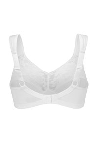 Vitt bh med blomsterbroderi på baksidan. Den har justerbara axelband och en hak-och-öga stängning. Slät material överlag.