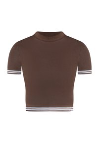 Brązowa koszula z krótkim rękawem i wysokim kołnierzem, z białymi paskami na rękawach i dopasowanym krojem. Gładka w dotyku tkanina.