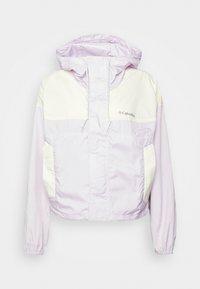 Lichtpaarse jack met witte accenten, voorzien van een capuchon, ritssluiting en elastische boorden. Gladde textuur met twee voorzakken.