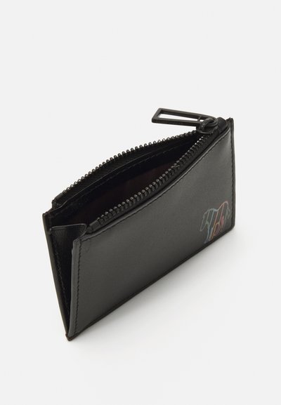 Black leather wallet with a zip closure, featuring a colorful logo on one side and a textured surface. Compact, rectangular shape.