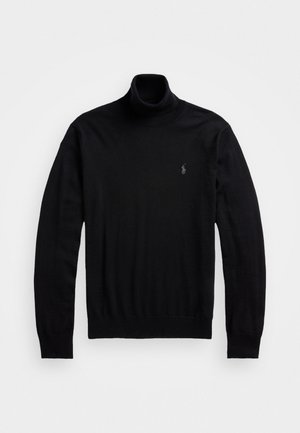 Črni pulover z visokim ovratnikom iz gladkega pletenega blaga, z dolgimi rokavi in majhnim logotipom na prsih, s prilegajočo se silhueto.