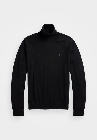 Μαύρο πουλόβερ ζιβάγκο από λείο πλεκτό ύφασμα, με μακριά μανίκια και μικρό λογότυπο στο στήθος, σε εφαρμοστή γραμμή.