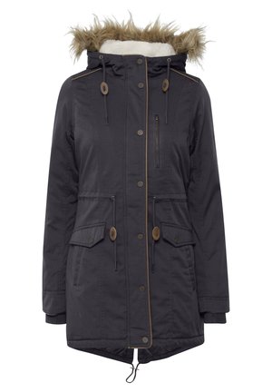 Mörkgrå parka med fuskpälsfodrad huva, dragkedjefickor, justerbart dragsko i midjan, knäppt front, ribbade mudd och kontrasterande sömmar.