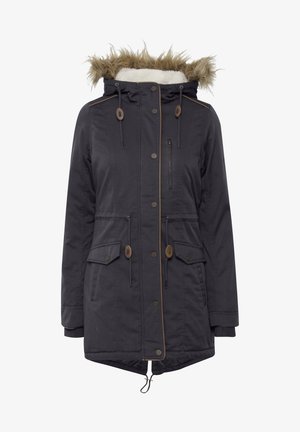 Dunkelgraue Parka mit Kapuze aus Kunstfell, Reißverschlusstaschen, verstellbarem Kordelzug in der Taille, geknöpftem Frontverschluss, gerippten Bündchen und kontrastierenden Nähten.