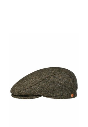 Brown tweed flat cap with herringbone pattern and small round orange logo on side.