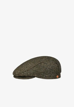 Brown tweed flat cap with herringbone pattern and small round orange logo on side.
