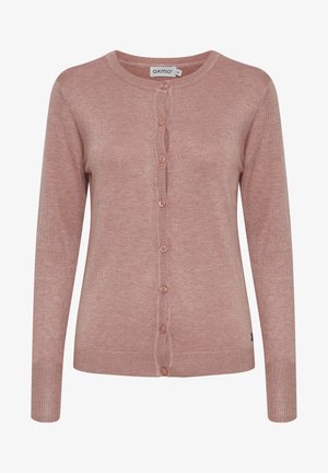 Cardigan rose clair avec un col rond, des manches longues et une fermeture à boutons. Présente des poignets et un ourlet côtelés avec une texture subtile.