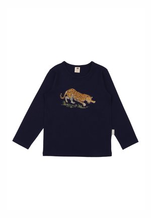 Navy long-sleeve shirt with round neck, featuring a crouching leopard illustration above green grass on the front center.