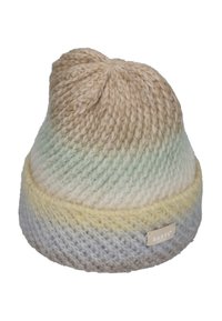 Knit beanie hat featuring a gradient pattern in beige, green, yellow, and gray, with a small branded tag on the side.
