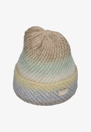 Knit beanie hat featuring a gradient pattern in beige, green, yellow, and gray, with a small branded tag on the side.